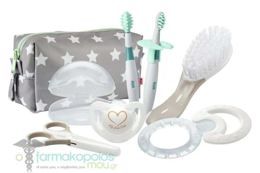 Nuk Welcome Set with Genius Silicone Pacifier 0-6m, 1pcs, Pacifier Storage Case, 1pcs, Baby Hair Brush, 1pcs, Baby Nail Scissors, 1pcs, Teether, 1pcs, Educational Toothbrush Set, 2pcs & Bag, 1pcs, 1set