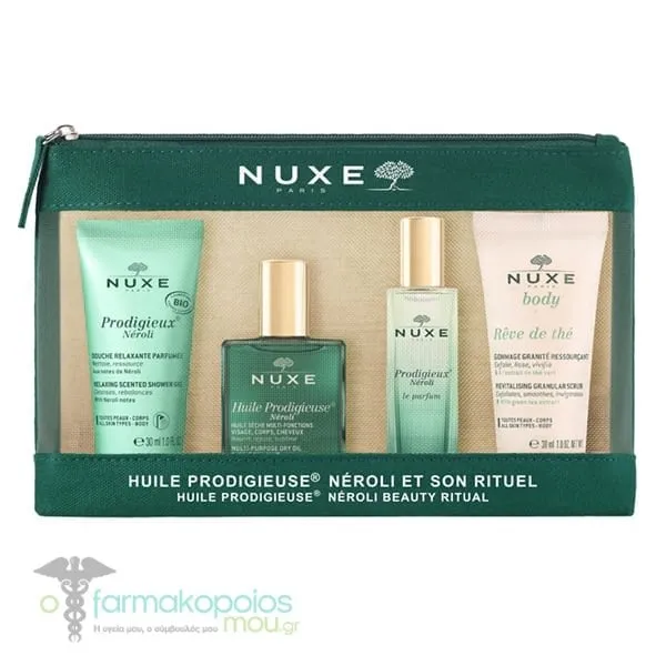 Nuxe Huile Prodigieuse Neroli Beauty Ritual Set with Shower Gel, 30ml, Dry Oil, 30ml, Le Parfum, 15ml & Reve de The Revitalising Granular Scrub, 30ml, 1set