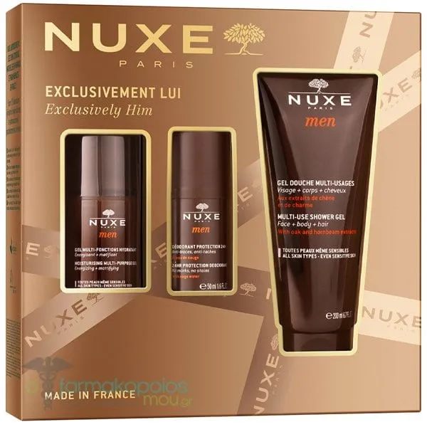 Nuxe Men Xmas Set Exclusively Him with Multi-Use Shower Gel, 200ml, Moisturising Multi-Purpose Gel, 50ml, 24hr Protection Deodorant, 50ml, 1set