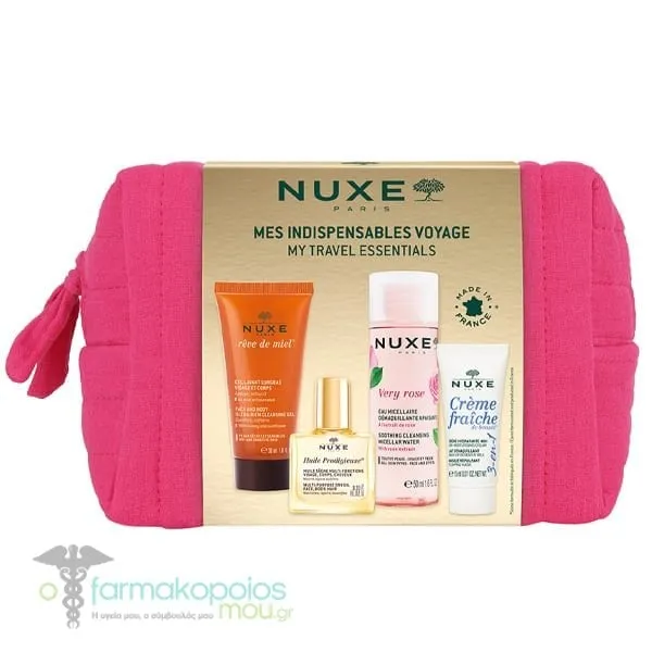 Nuxe My Travel Essentials με Reve de Miel Ultra Rich Cleansing Gel Καθαριστικό για Πρόσωπο & Σώμα, 30ml, Huile Prodigieuse Ξηρό Έλαιο για Πρόσωπο, Σώμα & Μαλλιά, 10ml, Very Rose Νερό Micellar, 50ml & Creme Fraiche 3σε1 Κρέμα Προσώπου, 15ml, 1σετ