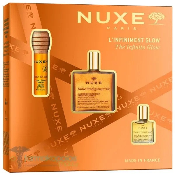Nuxe Xmas Set The Infinite Glow with Huile Prodigieuse Or, 50ml, Honey Lip Care Oil, 10ml & Huile Prodigieuse, 10ml, 1set