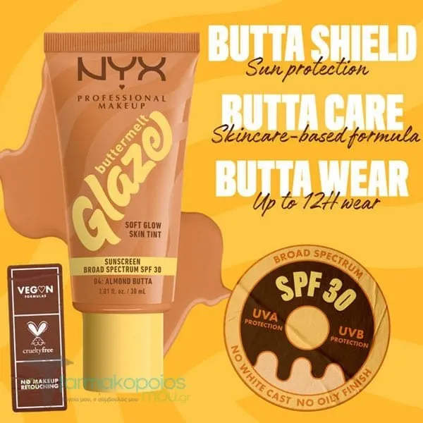 NYX PROFESSIONAL MAKE UP Buttermelt Glaze Soft Glow Skin Tint + SPF/FPS 30, 30ml - 04 Almond
