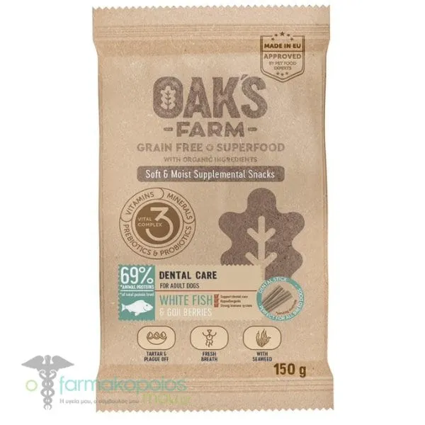 Oak's Farm Grain Free Superfood Dental Care Dog Treats White Fish & Goji Berries for Adult Dogs 150g