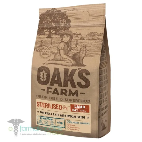Oak's Farm Grain Free Superfood Cat Adult Sterilised Lamb, 6kg