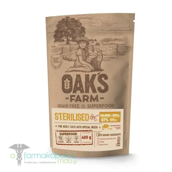 Oak's Farm Grain Free Superfood Sterilised Salmon-Krill for Adult Cats with Special Needs, 400g