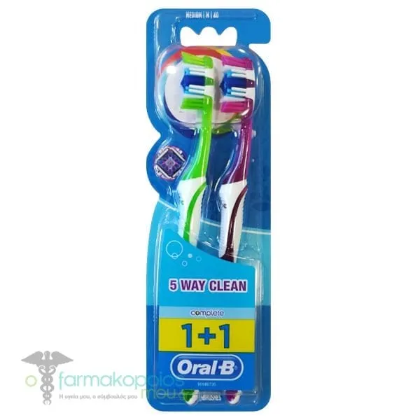 Oral-B Complete 5 Way Clean 40mm Medium Toothbrush, 2pcs - Λαχανί-Φούξια