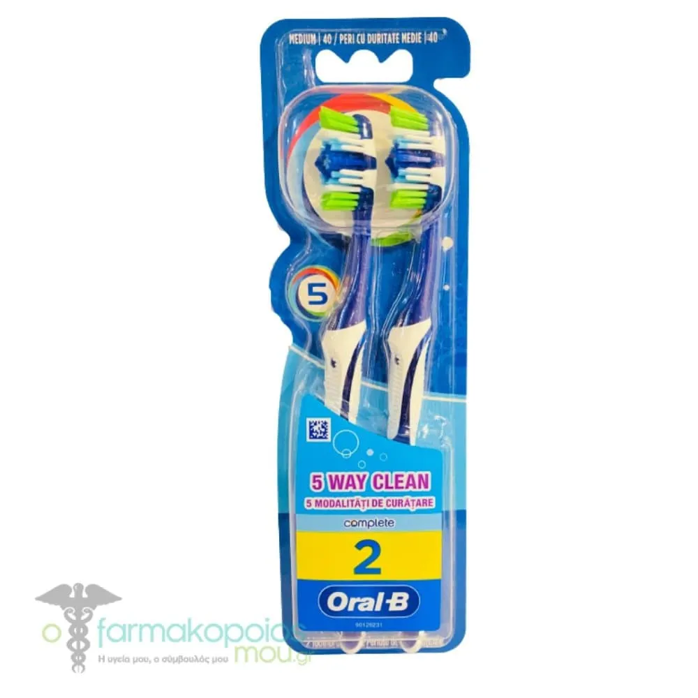 Oral-B Complete 5 Way Clean 40mm Medium Toothbrush, 2pcs - Μπλε-Μπλε