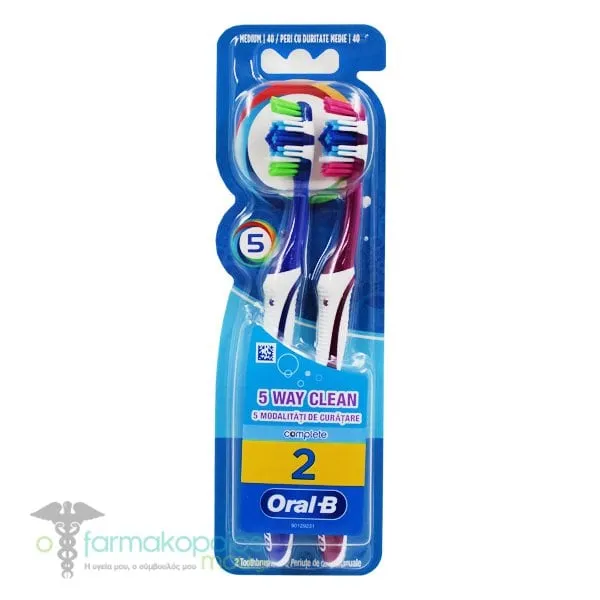 Oral-B Complete 5 Way Clean 40mm Medium Toothbrush, 2pcs - Μπλε-Φούξια