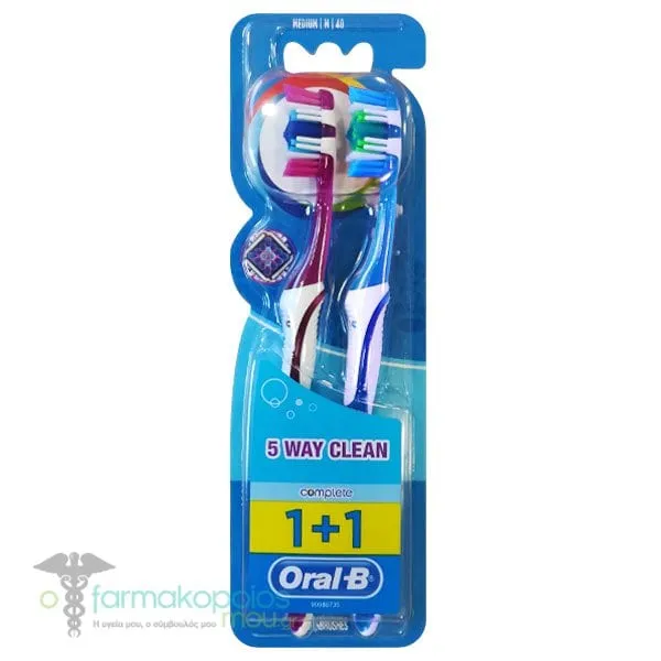 Oral-B Complete 5 Way Clean 40mm Medium Toothbrush, 2pcs - Φούξια-Γαλάζιο