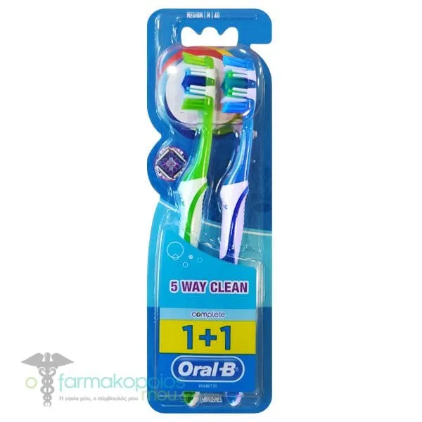 Oral-B Complete 5 Way Clean 40mm Medium Toothbrush, 2pcs - Λαχανί-Γαλάζιο
