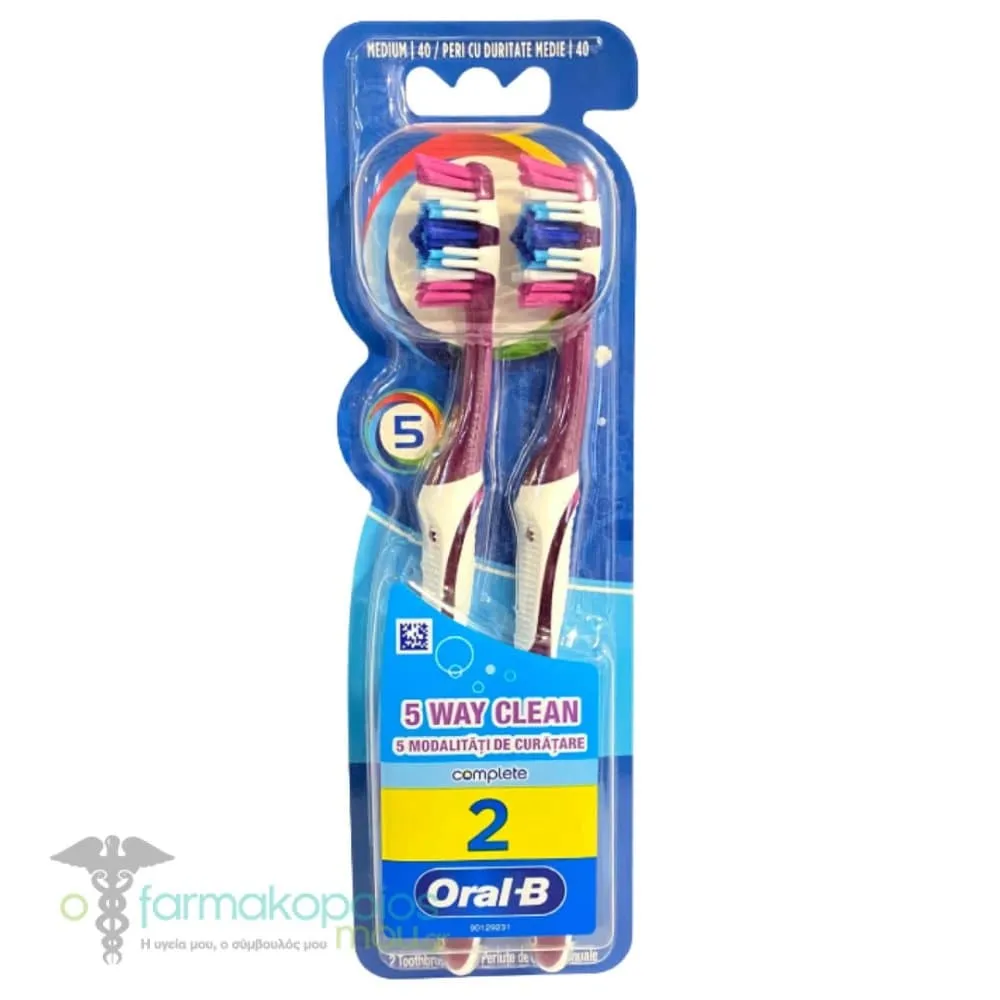 Oral-B Complete 5 Way Clean 40mm Medium Toothbrush, 2pcs - Φούξια