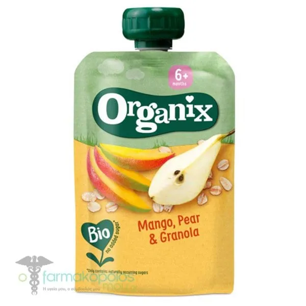 Organix Bio Φρουτοπολτός Μάνγκο, Αχλάδι & Γκρανόλα για 6m+, 100g