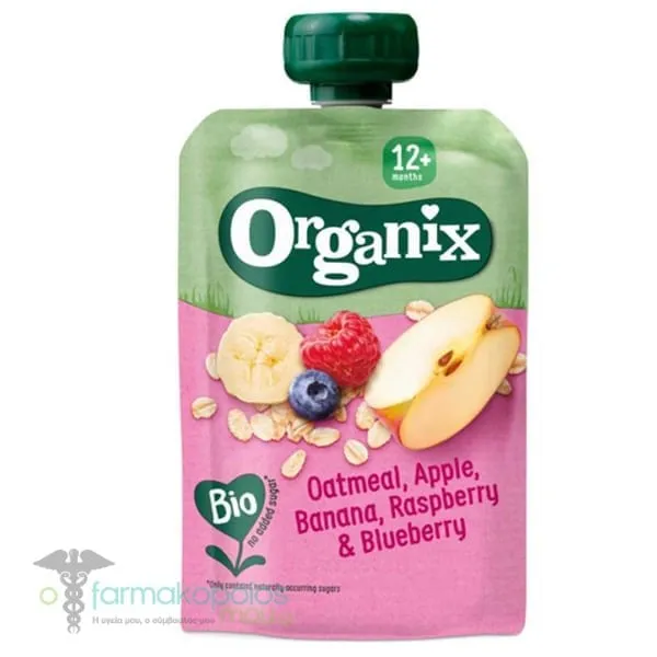 Organix Bio Φρουτοπολτός Βρώμη, Μήλο, Μπανάνα & Raspberry για 12m+, 100g