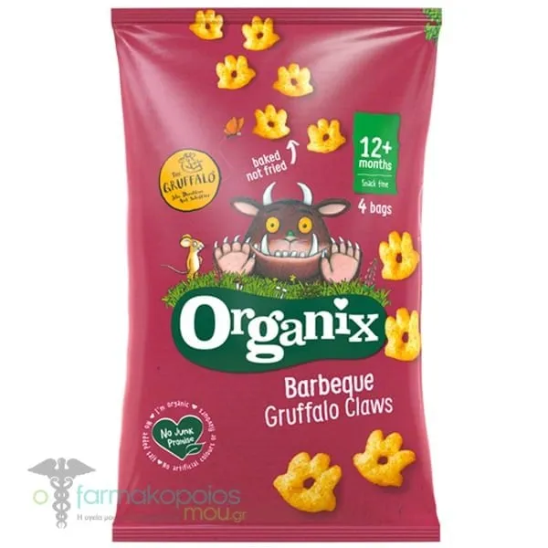 Organix Bio Πολυσυσκευασία Snack Πατουσίτσες Καλαμποκιού 'Barbeque Gruffalo' για 12m+ (4x15g), 60g