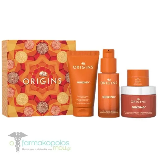 Origins GinZing Glowing Essentials Set with Refreshing Scrub Cleanser, 50ml, Energizing Gel Cream, 50ml, Into The Glow Brightening Serum, 30ml & Brightening Eye Cream, 5ml, 1set