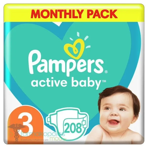 Pampers Active Baby No.3 Monthly Pack (6-10kg) Diapers, 208pcs