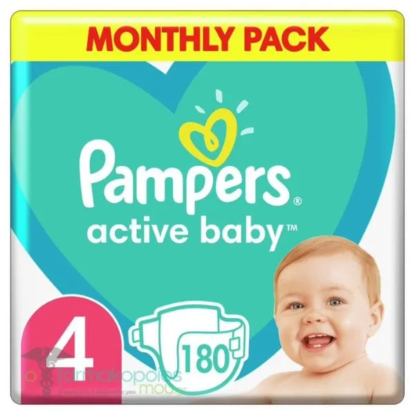 Pampers Active Baby No.4 Monthly Pack (9-14kg) Diapers, 180pcs