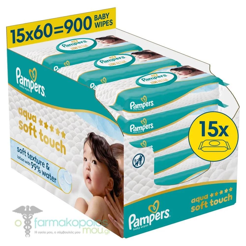 Pampers Aqua Soft Touch Μωρομάντηλα, (15x60τεμ) 900τεμ