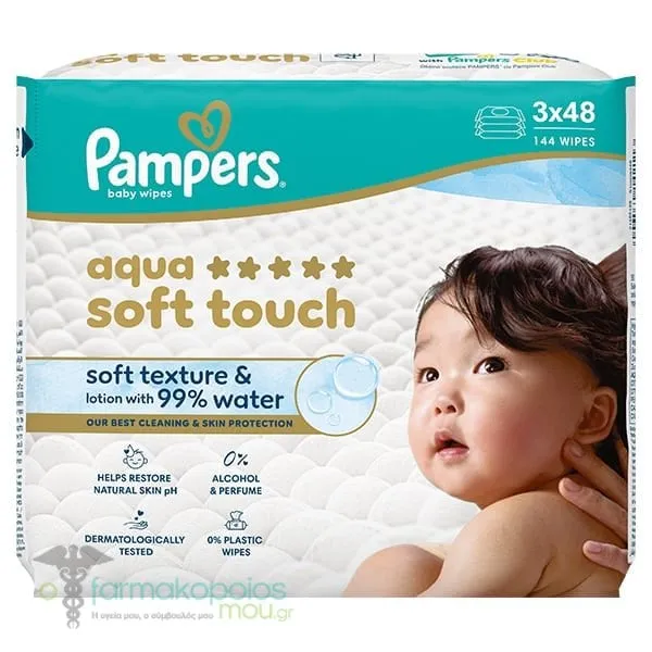 Pampers Aqua Soft Touch Μωρομάντηλα, (3x48τεμ) 144τεμ