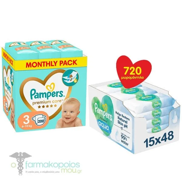 Pampers Premium Care Monthly Pack Baby Diapers No.3 (6-10kg), 200pcs & Pampers Aqua Harmonie Baby Wipes, 15x48pcs (720pcs)