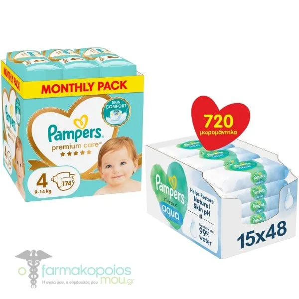 Pampers Premium Care Monthly Pack Baby Diapers No.4 (9-14kg), 174pcs & Pampers Aqua Harmonie Baby Wipes, 15x48pcs (720pcs)