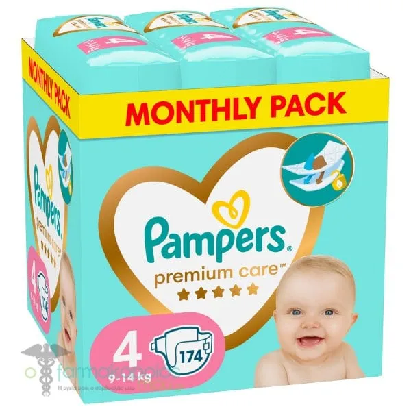 Pampers Premium Care Monthly Pack No.4 (9-14kg) Baby Diapers, 174pcs