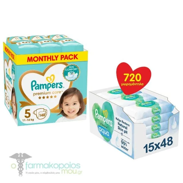 Pampers Premium Care Monthly Pack No.5 Baby Diapers(11-15kg), 148pcs & Pampers Aqua Harmonie Baby Wipes, 15x48pcs (720pcs)