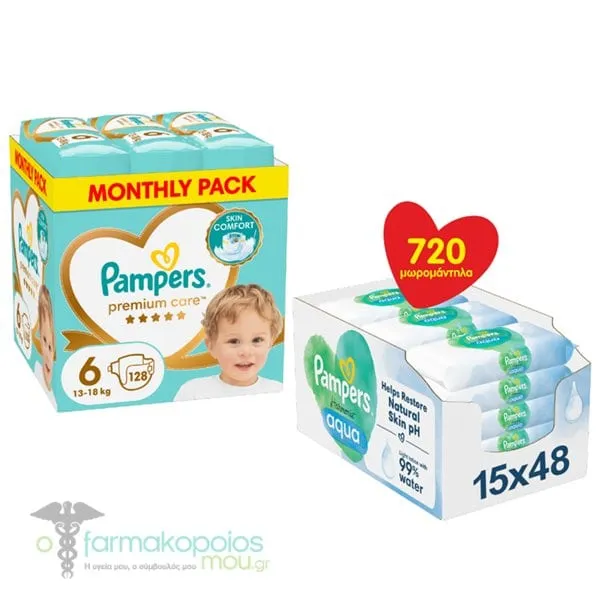 Pampers Premium Care Monthly Pack Baby Diapers No.6 (13-18kg), 128pcs & Pampers Aqua Harmonie Baby Wipes, 15x48pcs (720pcs)