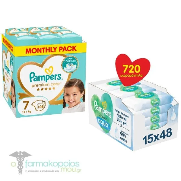 Pampers Premium Care Monthly Pack Baby Diapers No.7 (15kg+), 108pcs & Pampers Aqua Harmonie Baby Wipes, 15x48pcs (720pcs)