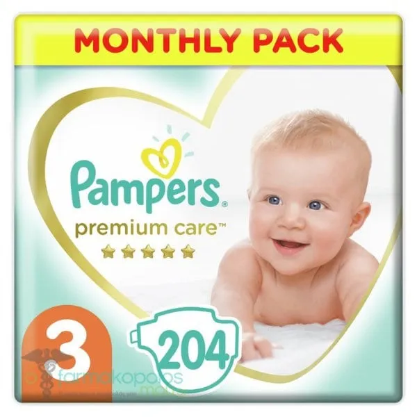 Pampers Premium Care No3 Monthly Pack (Midi) 6-10kg Diapers, 204pcs