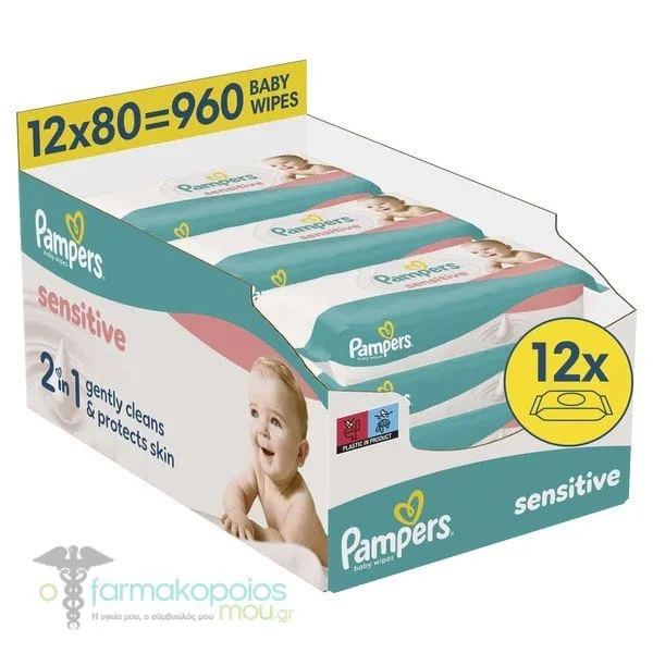 Pampers Wipes Sensitive Μωρομάντηλα, 12x80τεμ (960τεμ)