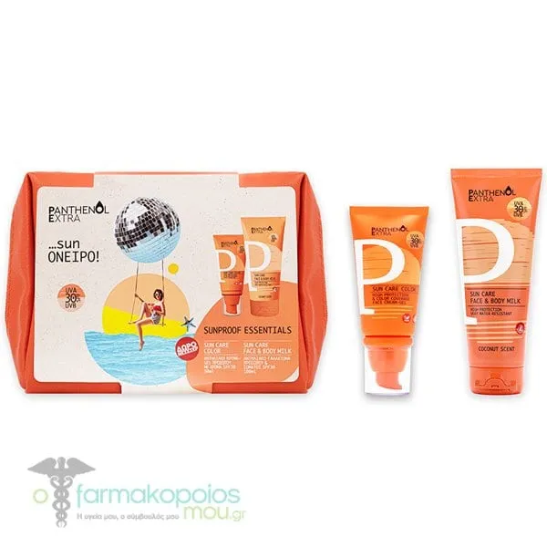 Panthenol Extra Promo Sunproof Essentials with Sun Care Color Face Cream-Gel SPF 30, 50ml, Sun Care Face & Body Milk SPF 30, 100ml & Free Beauty Pouch, 1pc, 1set