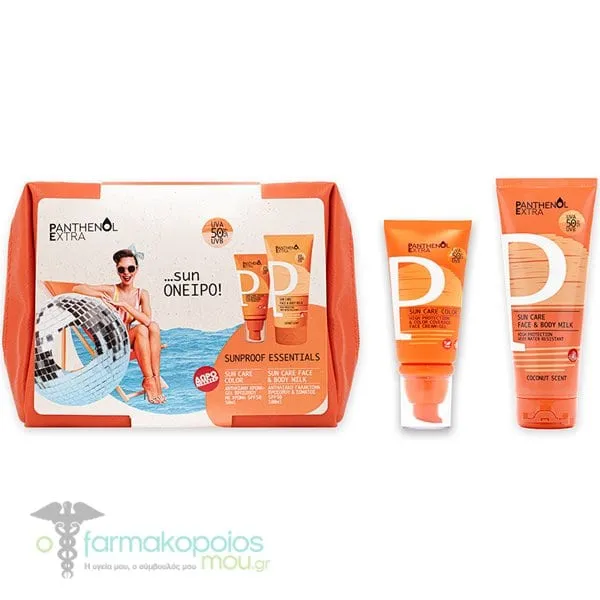 Panthenol Extra Promo Sunproof Essentials with Sun Care Color Face Cream-Gel SPF 50, 50ml, Sun Care Face & Body Milk SPF 50, 100ml & Free Beauty Pouch, 1pc, 1set
