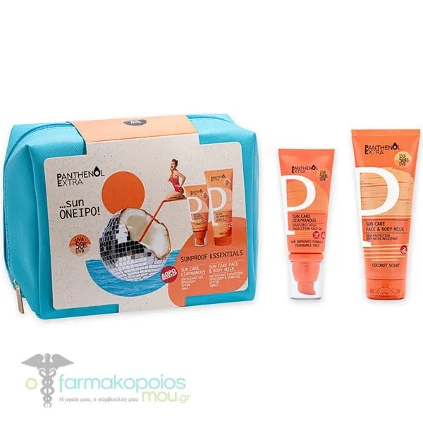 Panthenol Extra Promo Sunproof Essentials with Sun Care Diaphanous Invisible High Protection Face Gel SPF 50, 50ml, Sun Care Face & Body Milk SPF 50, 100ml & Free Beauty Pouch, 1pc, 1set