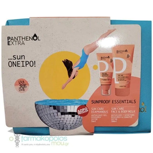 Panthenol Extra Promo Sunproof Essentials with Sun Care Diaphanous Invisible High Protection Face Gel SPF 30, 50ml, Sun Care Face & Body Milk SPF 30, 100ml & Free Beauty Pouch, 1pc, 1set