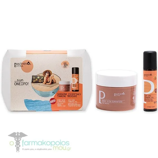 Panthenol Extra Promo Sunshine Essentials with Sun Care Tanning Oil Face & Body SPF 10, 150ml, Bare Skin Superfood Body Mousse, 230ml & Free Beauty Pouch, 1pc, 1set
