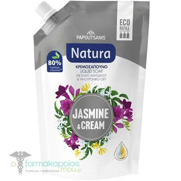 Papoutsanis Natura Eco Refil Jasmine & Cream Replacement Cream Soap with Almond Oil & Hyaluronic Acid, 500ml