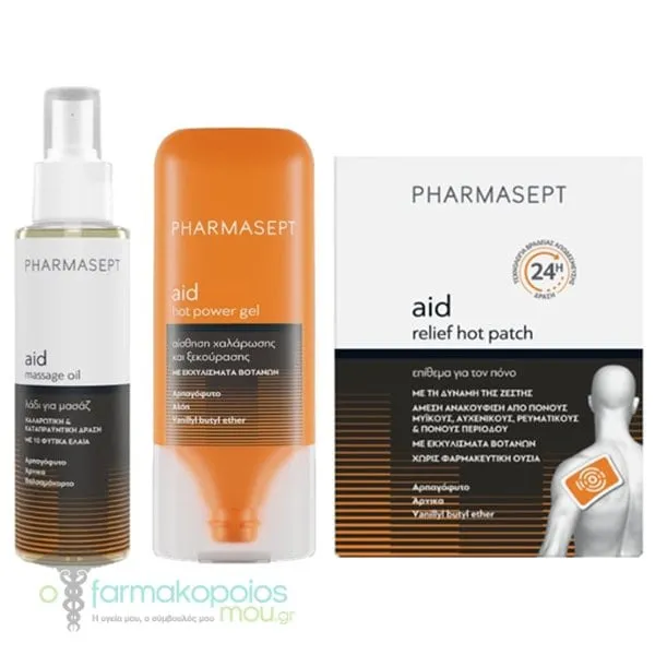 Pharmasept Aid Promo Massage Oil, 100ml, Hot Power Gel, 100ml & Relief Hot Patch, 5pcs, 1set