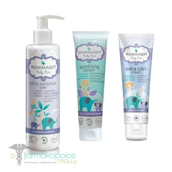 Pharmasept Baby Care Pack with Extra Sensitive Bath, 250ml & Soothing Cream for Face & Body, 150ml & Extra Calm Cream for Diaper Change, 150ml