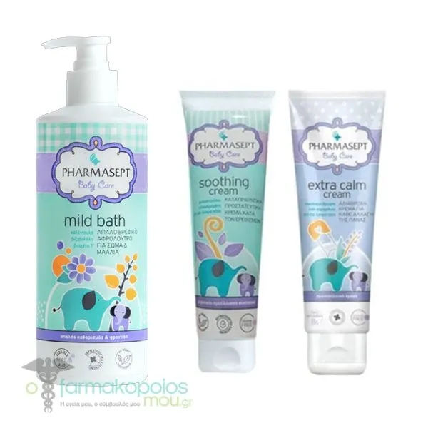 Pharmasept Baby Care Pack with Mild Bath Shower Gel, 500ml, Soothing Cream for Face & Body, 150ml & Extra Calm Cream for Diaper Change, 150ml