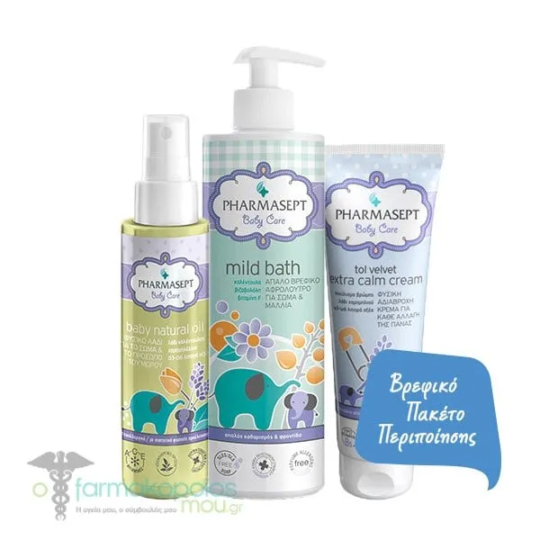 Pharmasept Baby Care Pack with Mild Bath Shower Gel, 500ml & Natural Oil for Face & Body, 100ml & Extra Calm Cream for Diaper Change, 150ml