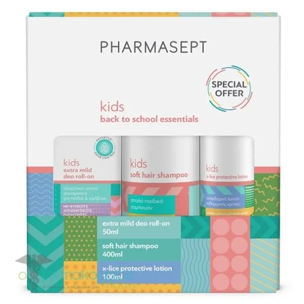 Pharmasept Back to School Pack Kid Soft Hair Shampoo, 400ml, X-Lice Protective Lotion, 100ml & Extra Mild Deo RollOn, 50ml, 1set