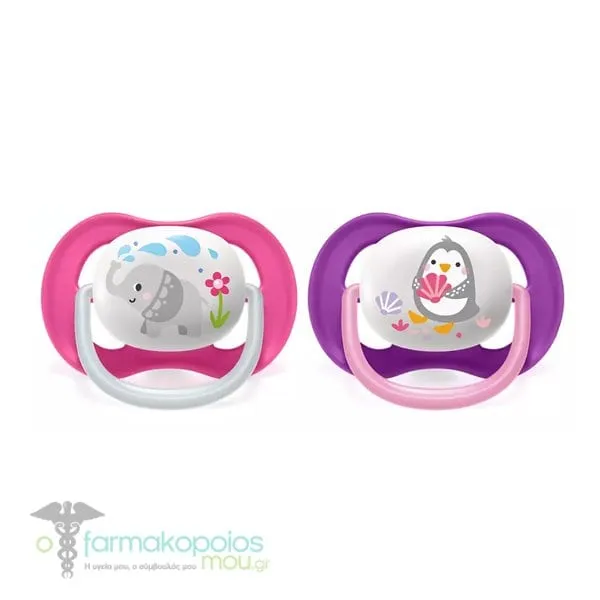 Philips Avent Ultra Air Animals Orthodontic Silicone Soother 6-18m (SCF080/12), 2pcs - Ρόζ-Μώβ