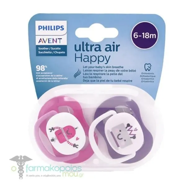 Philips Avent Ultra Air Happy Ορθοδοντική Πιπίλα Σιλικόνης 6-18m (SCF080/10), 2τεμ - Μώβ-Ρόζ
