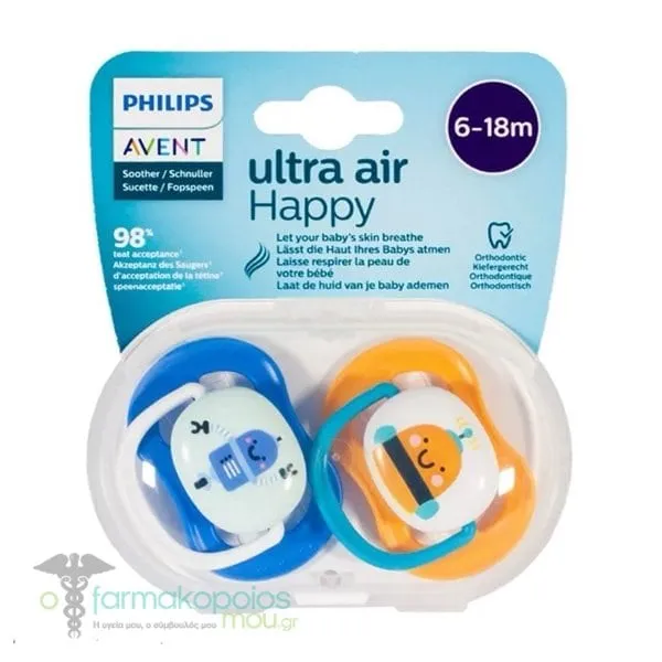 Philips Avent Ultra Air Happy Ορθοδοντική Πιπίλα Σιλικόνης 6-18m (SCF080/10), 2τεμ - Μπλέ-Πορτοκαλί