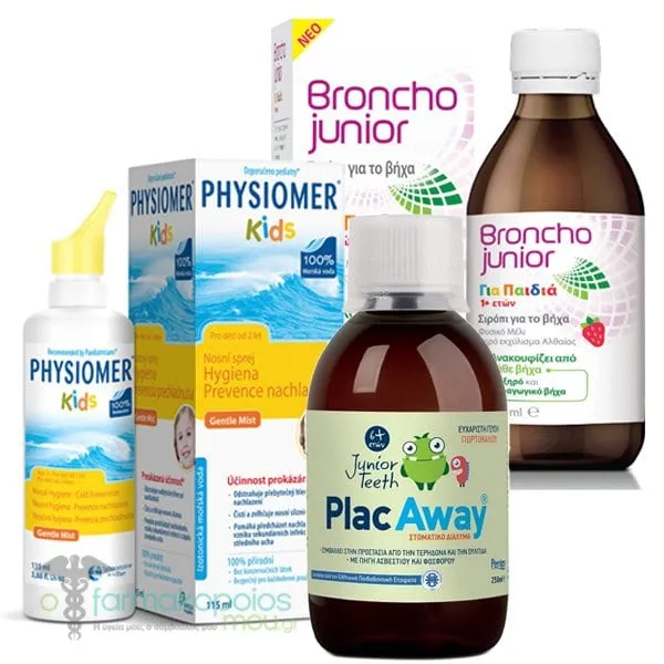 Physiomer Kids Cold Pack with Broncho Junior Cough Syrup, 200ml, Physiomer Kids, 115ml & Plac Away Junior Teeth Mouthwash, 250ml