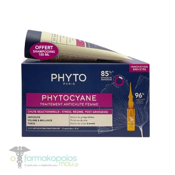 Phyto Phytocyane Promo Reactional Hair Loss Treatment for Women, 12amps x 5ml & Free Shampoo, 100ml, 1set