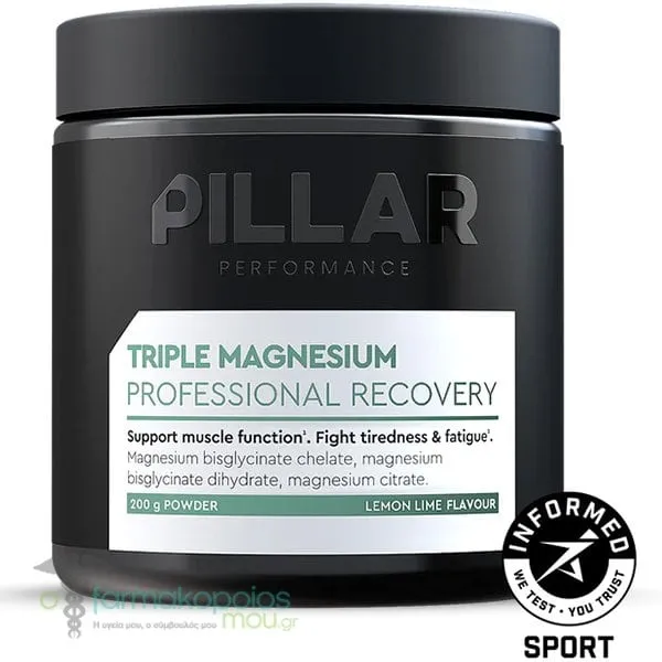 Pillar Performance Triple Magnesium Professional Recovery Lemon &amp; Lime Flavour Powder, 200g