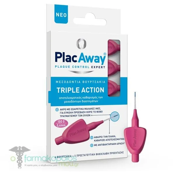 Plac Away Triple Action Interdental Brushes 0.4mm, ISO 0, Pink, 6pcs