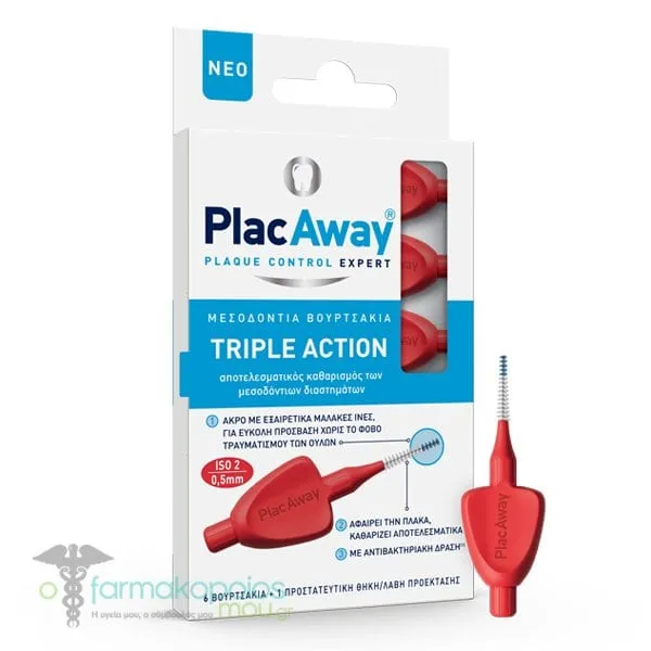 Plac Away Triple Action Interdental Brushes 0.5mm, ISO 2, Red, 6pcs